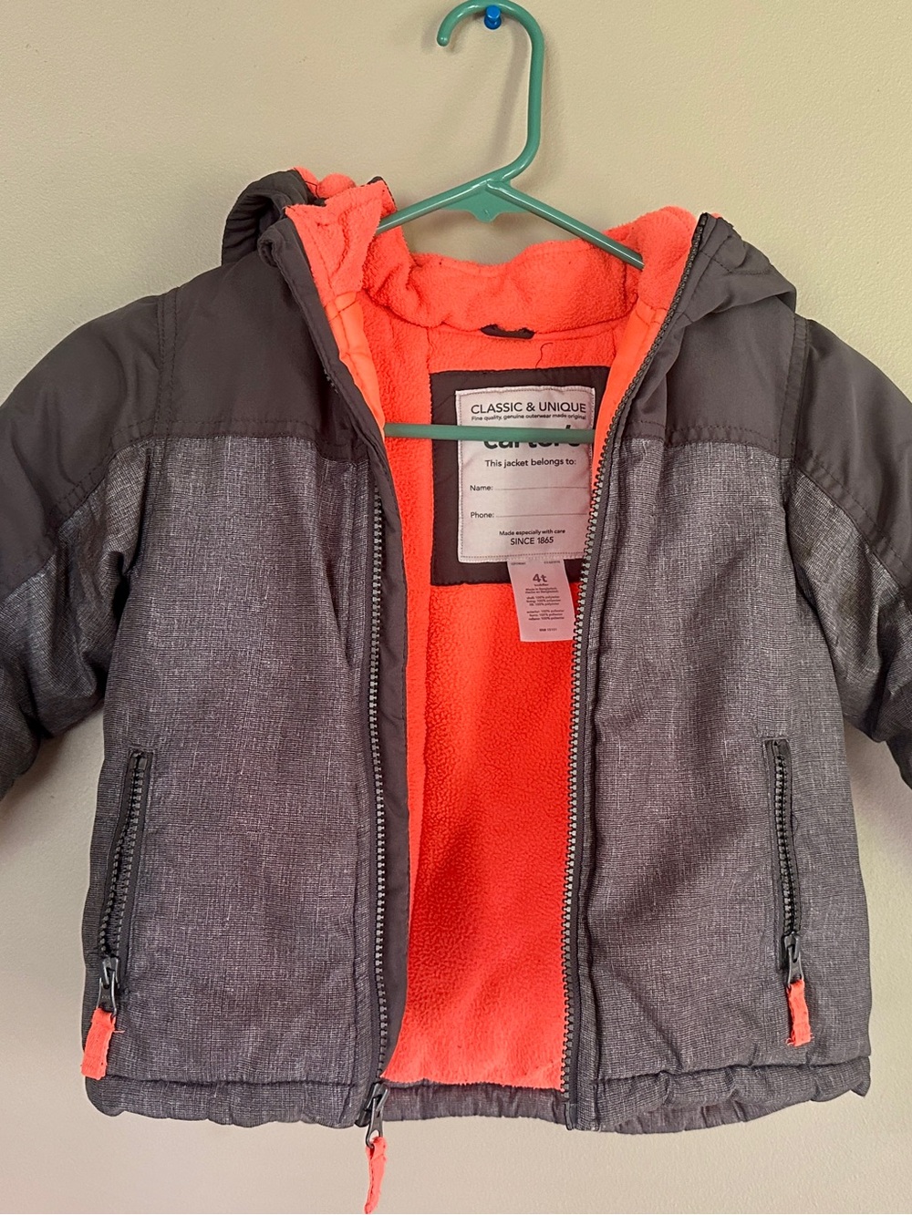 Carter's Heather Gray Puffer Jacket with Bright Orange Lining